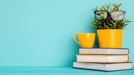 Cozy workspace with books, a yellow cup, and a green plant by a blue wall, perfect for study or relaxation.