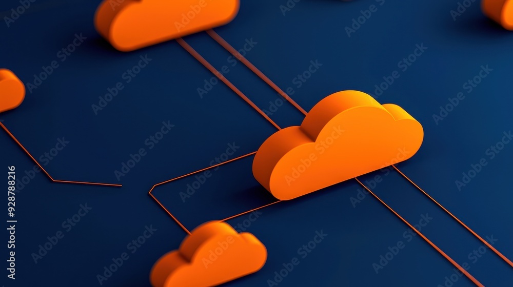 Poster stylized orange clouds interconnected on a deep blue background, symbolizing cloud computing and dig