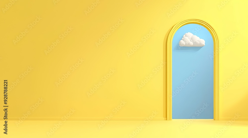 Poster detailed 3d render with white clouds flying out of a tunnel on an abstract minimal yellow background