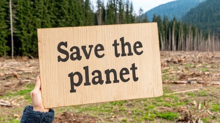 Hands holding a wooden sign reading Save the planet in front of a devastated forest after environmental destruction caused by climate change