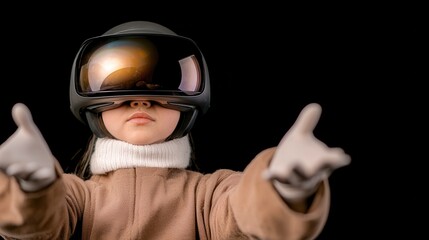 A child wearing a virtual reality headset, reaching out with hands, exploring new digital worlds and experiences.