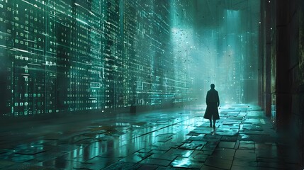 Cyberpunk Cityscape with Single Figure.