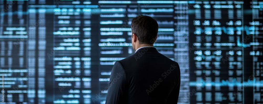 Poster a professional gazes at a digital display filled with data, symbolizing analysis and technology in a