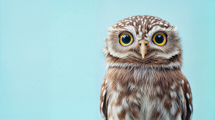 Adorable close-up portrait of a little owl with large yellow eyes and brown feathers, standing against a light blue background, showcasing intricate details of this cute bird