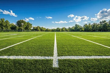 A football field with a blue sky and white clouds