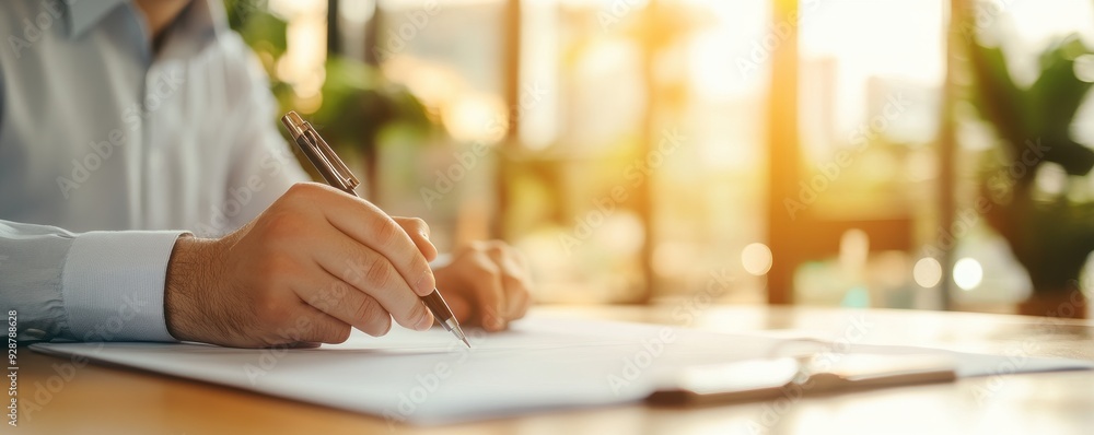 Poster a person writing on a notepad with a pen in a well-lit workspace, capturing a moment of productivity