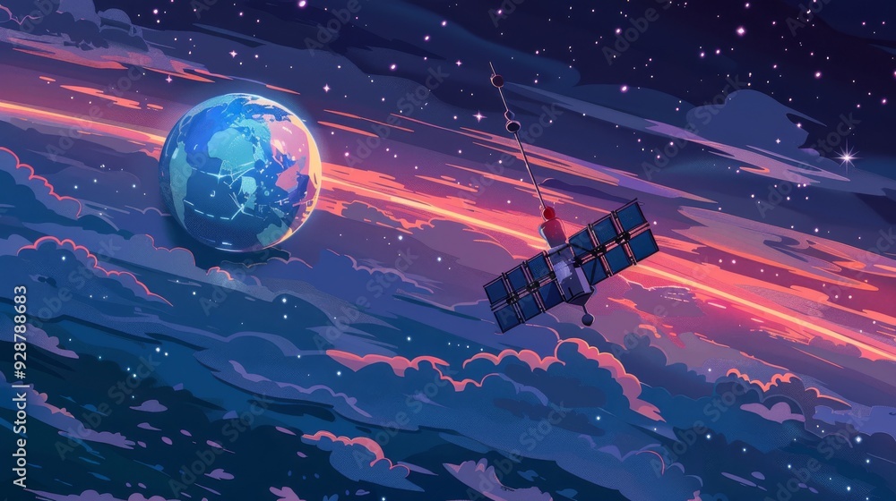 Canvas Prints cartoon vector satellite orbiting earth with a view of continents below
