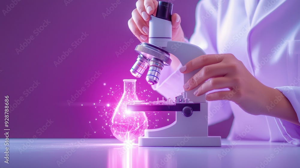Poster a scientist using a microscope to analyze a glowing flask, showcasing innovation and discovery in a 