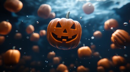Naklejka premium Floating digital pumpkins, advanced AR parade, whimsical virtual festivity