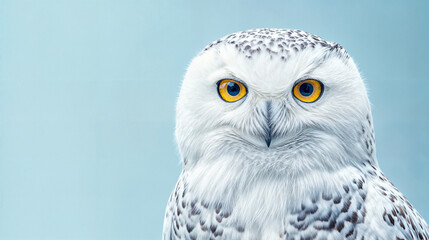 Obraz premium Close-up portrait of a snowy owl with striking yellow eyes and white plumage against a light blue background, showcasing the beauty and majesty of this iconic arctic bird