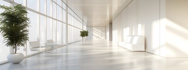 Obraz premium Modern white office interior, a long corridor with windows and light from the windows, photorealistic landscapes, architectural photography, bright white walls, glossy floor tiles, high ceilings, mini