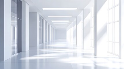Fototapeta premium Modern white office interior, a long corridor with windows and light from the windows, photorealistic landscapes, architectural photography, bright white walls, glossy floor tiles, high ceilings, mini