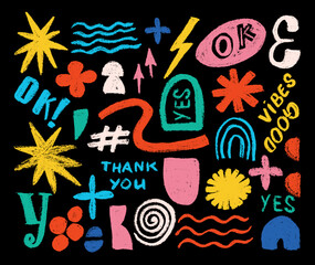 Abstract  groovy shape set, funky flower, stars, asterisk, wavy objects,  letters, curved lines and dots. Hand drawn geometric pattern, flat basic form, colorful futuristic design graphic.