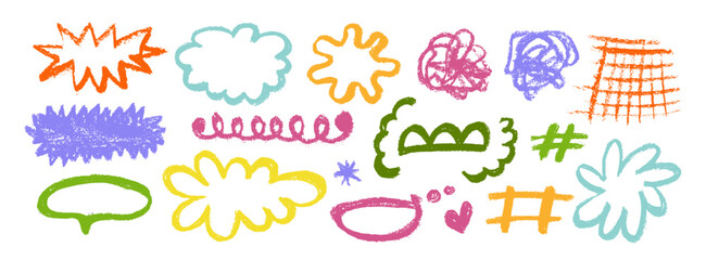 Collection organic grunge  colorful bold shapes, cloud, heart, grid, hashtag, speech bubble, curved lines and dots. Geometric vector set in Memphis style. Hand drawn geometric pattern.