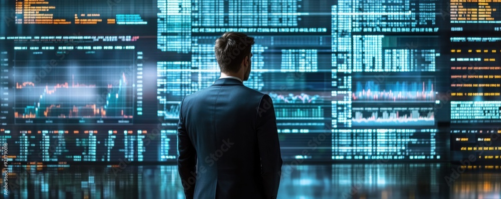 Poster a professional analyzing data on multiple screens, showcasing technology and innovation in a modern 