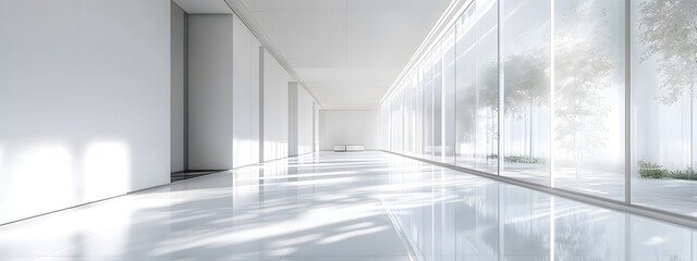 Modern white office interior, a long corridor with windows and light from the windows, photorealistic landscapes, architectural photography, bright white walls, glossy floor tiles, high ceilings, mini