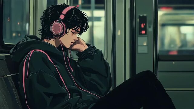 An anime boy with headphones is sitting on the train and listening to music. Lofi animation, seamless 4K loop, AI-assisted creation with manual enhancements.