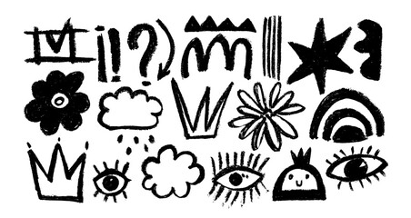 Charcoal graffiti doodle punk and girly shapes collection. Hand drawn grunge style brush strokes, bold curved lines, flowers, crowns, star and others geometric shapes. Vector collage elements.