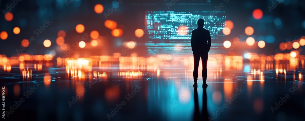 Poster a silhouette of a person standing before a digital display in a futuristic environment with vibrant 