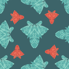 Stylised blue and red ornamental seamless vector honey bee pattern. Abstract geometric insect background for home decor, nursery wallpaper, wrapping paper and kids fashion.