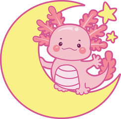 Illustration of cute axolotl activities icon.
Funny pink axolotl in daily routine stickers.