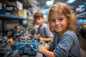 Fototapeta premium Children learning robotics in Elementary school