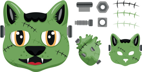 set of icons for the Halloween holiday with a cat in a Frankishtein mask, bolts, scars, a monster heart with bolts and a Frankishtein mask, vector