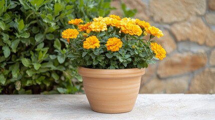 A small pot with a yellow flower in it sits on a stone wall