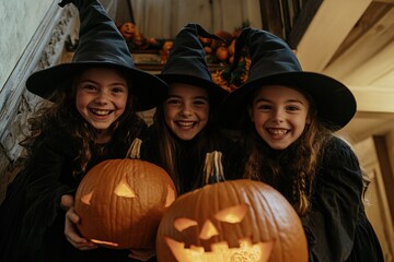Obraz premium Three Happy Children Dressed as Witches Holding Jack-O-Lanterns and Smiling for Halloween Celebration Indoors