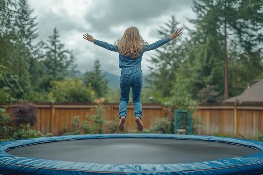 Little girl jumping on trampoline in the backyard