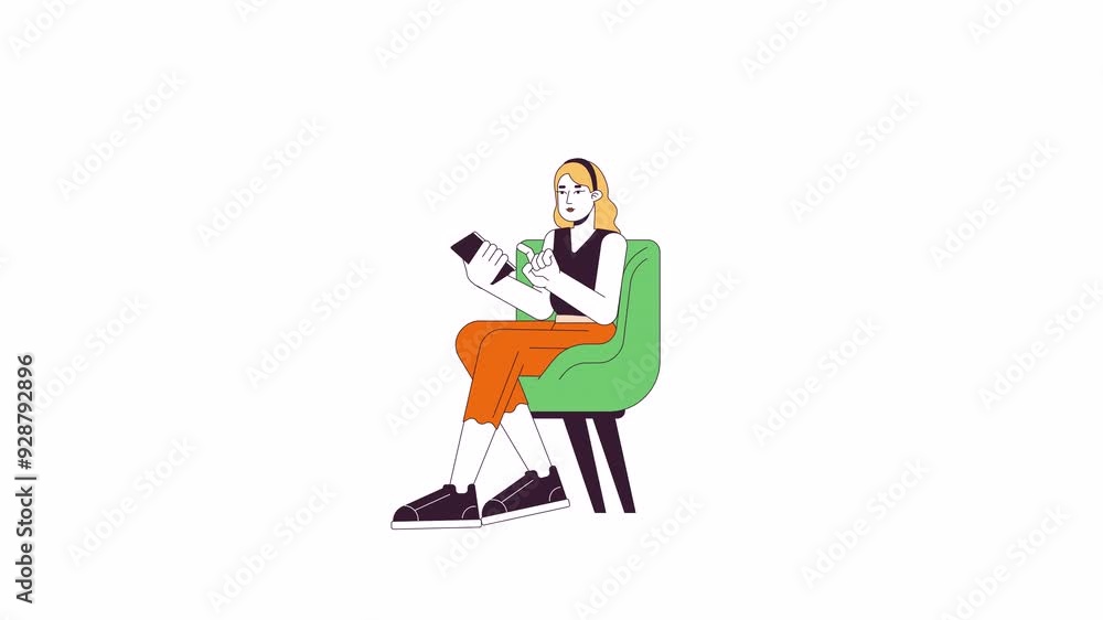 Aufkleber armchair woman scrolling relaxing line 2d character animation. generation z gadget user flat color c