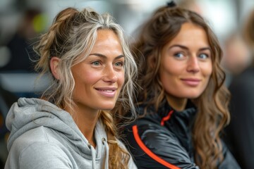 Fototapeta premium Two women in sportswear, smiling and engaging in casual conversation at a social gathering, showcasing camaraderie, fitness culture, and the importance of human connection.