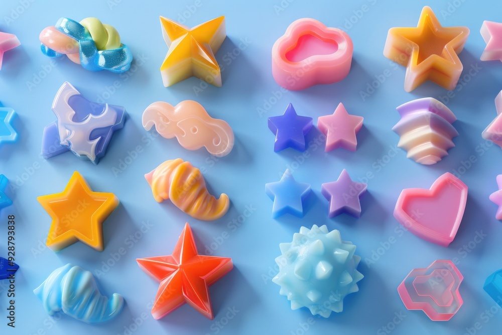 Aufkleber assortment of colorful soaps arranged on a bright blue surface, great for use in tutorials, advertis