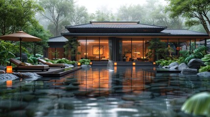 Obraz premium Modern Asian House with Pool and Foggy Garden