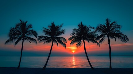 Fototapeta premium Silhouette of palm trees on a beach at sunset.
