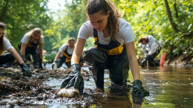 A river being cleaned by volunteers, demonstrating hands-on environmental conservation