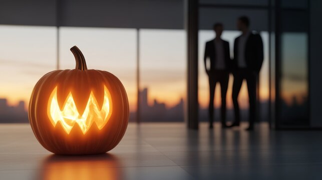 High-tech pumpkins, hologram flames, sleek modern room, futuristic warmth, digital ambiance