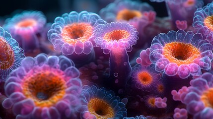 Obraz premium Close-up of monkeypox virus cells under a microscope, vibrant colors highlighting the viral structure