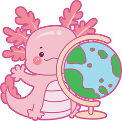 Illustration of cute axolotl activities icon.
Funny pink axolotl in daily routine stickers.