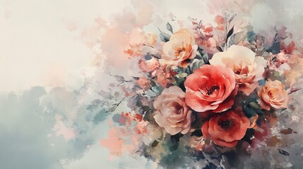 Watercolor painting of a floral bouquet with soft pastel colors and delicate brushstrokes