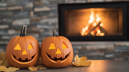 Obraz premium Pumpkins by the Fireplace, A cozy, rustic living room with a stone fireplace, where a few carved Jack-o'-Lanterns sit on the hearth. 