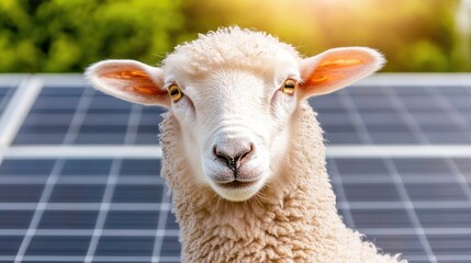 Fototapeta premium An Australian White sheep enjoys the golden hour beside solar panels on a sustainable farm