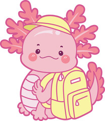 Illustration of cute axolotl activities icon.
Funny pink axolotl in daily routine stickers.
