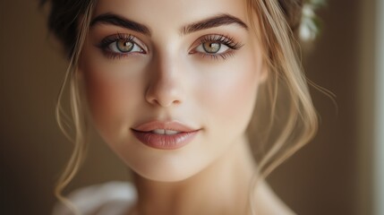 Close-up portrait of a young woman with flawless makeup, showcasing professional makeup artist's work