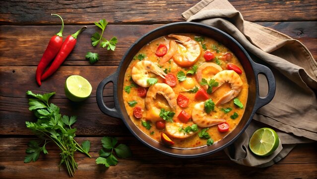 Brazilian dogfish moqueca with shrimp sauce, plantain in a rustic pan, Brazilian, dogfish, moqueca, shrimp sauce, plantain
