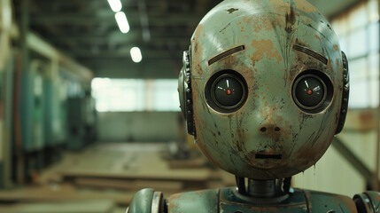 Portrait of a sad, worn out, rustic robot