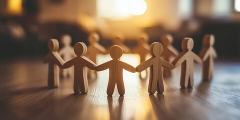 A circle composed of wooden figures beautifully represents teamwork, unity, and the essence of community, emphasizing the crucial importance of collaboration for reaching shared objectives and dreams