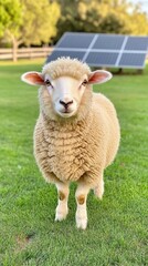 Fototapeta premium A curious sheep stands in golden hour lighting beside solar panels on an Australian farm