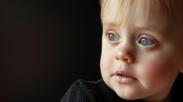 Portrait of a young child with Downs Syndrome against a black background