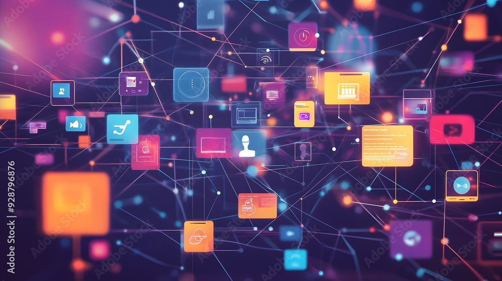 Poster abstract digital network with colorful icons and lines